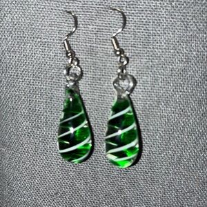 Elegant Green and Silver Tempered Glass Swirl Earrings